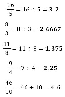 Ejemplos de conversión de fracciones impropias a número decimal